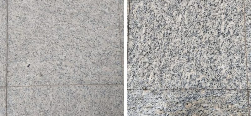 Antes e depois: lavagem de pedra com sujidade causada por produto químico